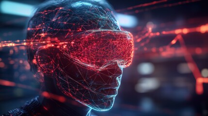 Poster - A digital illustration of a person in a VR headset, face made of glowing lines, illuminated with streaks of red and blue light in a virtual environment