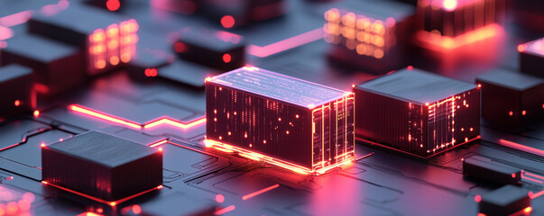 Poster - A computer chip with a red glow on it. The chip is surrounded by other computer chips and wires