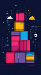Poster - A stack of colorful boxes with a cloud in the background. The boxes are arranged in a pyramid shape, with the top box being the largest and the bottom box being the smallest