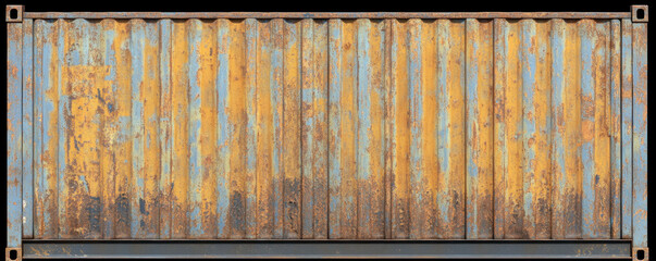 Poster - The image is of a large, rusted metal container with a blue and yellow stripe. The container appears to be old and worn, with a sense of decay and abandonment