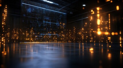 Poster - A Dark Spacious Interior with Reflective Floor Illuminated by Warm Glowing Particles Floating in Air and Reflected throughout the Large Space Area