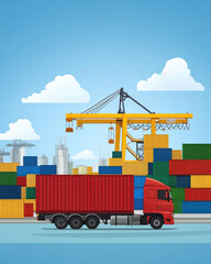 Poster - A red truck is driving past a large crane and a large pile of containers. The scene is bustling with activity, and the truck is likely transporting goods to or from the port