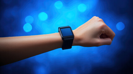 Poster - A person is wearing a smart watch and their wrist is wet. The watch is black and has a blue face