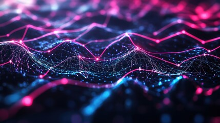 Aufkleber - Abstract digital landscape featu glowing interconnected pink and blue nodes forming undulating lines and peaks against a dark immersive background