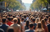 Dense crowd people walk city street. Human population growth, overpopulation concept. Urban life, social issues, globalization. Diverse community, many individuals together.