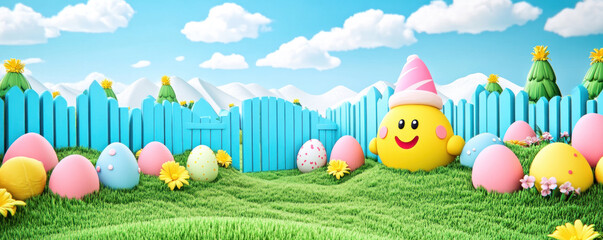 Poster - A cartoonish scene of a yellow egg with a hat and a bunch of eggs in a field. The eggs are scattered around the field, with some closer to the foreground and others further back