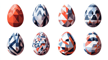 Poster - A set of nine colorful eggs with different patterns and designs. The eggs are arranged in a row, with some overlapping each other. Scene is playful and whimsical