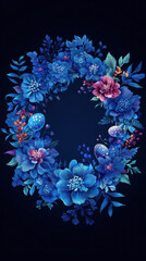 Poster - A blue flower wreath with a white egg in the center. The flowers are blue and pink