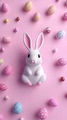 Poster - A white rabbit is sitting on a pink background with many different colored eggs scattered around it. Concept of playfulness and whimsy, as the rabbit