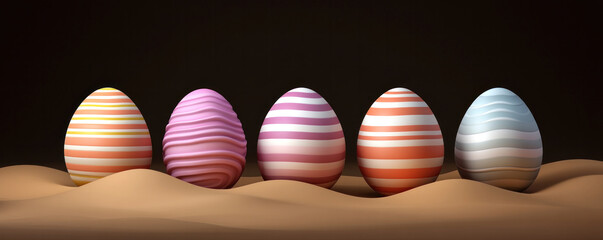 Poster - A group of five eggs with different colors and stripes. The eggs are arranged in a row on a sandy surface