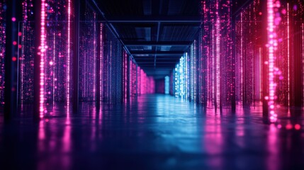 Poster - A Dark Long Corridor with Glowing Pink and Blue Vertical Lights Reflecting on the Polished Floor Resembling a Futuristic Digital Space Environment