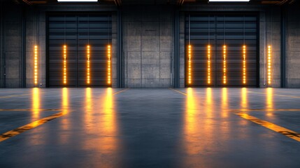 Poster - A vast, empty industrial space featu polished concrete floors, illuminated warm-toned lights, and large closed garage doors, showcasing urban architecture details