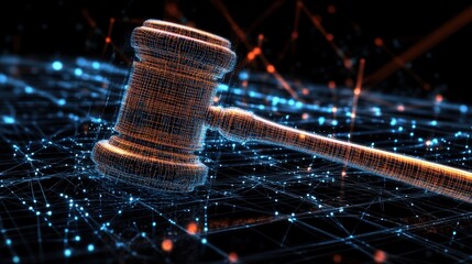 Aufkleber - wireframe model of judge's gavel intersecting with glowing blue and orange lines symbolizing the fus