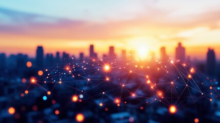 Poster - A stunning cityscape at sunset featu a vibrant skyline illuminated by a radiant network of interconnected nodes symbolizing technology and progress