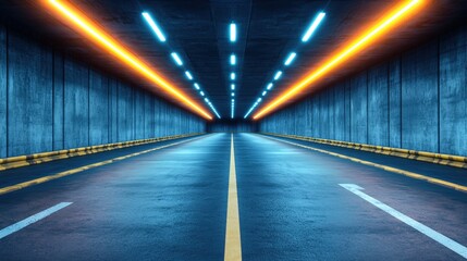 Poster - A mysterious long dark tunnel illuminated with vibrant orange and blue neon lights on the ceiling extending into a distant vanishing point beyond view