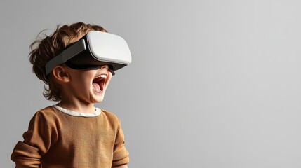 Poster - A toddler with blond hair wea a brown long-sleeved shirt experiences exciting virtual reality with a headset on against a gray background.