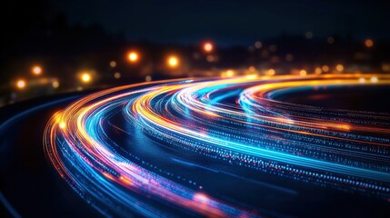Aufkleber - Abstract Image of Luminous Swirling Streaks of Blue, Orange, and Red Light Forming Concentric Circles Against Dark Background with City Lights
