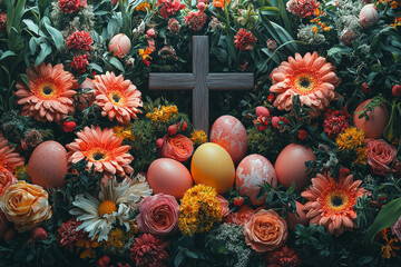 Poster - collage of various easter symbols including crosses, eggs, and flowers overlaid creatively. concept 
