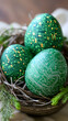 © Kastain - Creative Easter eggs decorated with circuit board design, nesting in a rustic bowl, merging technology and spring.