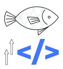 Fish outline with diagonal lines, arrows pointing upwards, blue HTML chevrons below. Ideal for growth, innovation, technology, coding, progress, data visualization flat simple metaphor