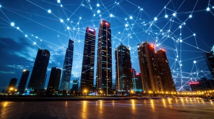 Poster - Nighttime Cityscape with Illuminated Skyscrapers and Vibrant Network of Glowing Lines Symbolizing Digital Connectivity and Technology Advancement