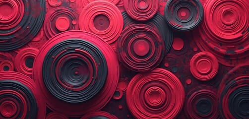 Poster - Vibrant red, black abstract background features concentric circles, rings, fluid forms creating textured pattern. Modern design elements, artistic style for presentations, banners, posters,