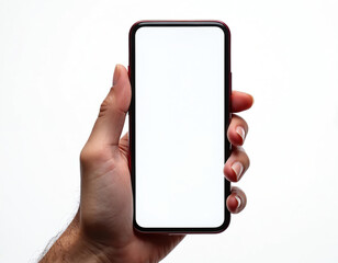 Poster - Human hand holds smartphone, blank white screen, isolated on transparent background. Mobile phone mockup for app, UI UX design. Person holds modern smartphone with blank screen, copy space.