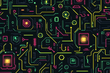 Poster - Neon Circuit Board Pattern with Intricate Electronic Connections and Glow