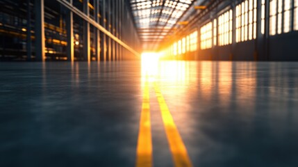 Poster - Long Sunlit Warehouse Aisle with Polished Concrete Floor and Yellow Lines Leading to Bright Exit in Industrial Setting Illuminated by Natural Light