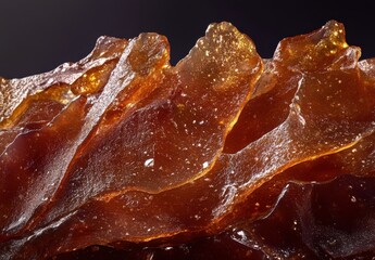 Poster - Close-up View of Amber Resin with Textured Layers and Golden Flecks Reflecting Light Against a Dark Background for Natural Art and Craft Projects