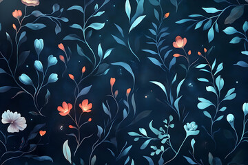 elegant botanical illustration with glowing flowers and leaves on dark background