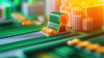 Aufkleber - Close-Up View of a 3D-Rendered Circuit Board Featu a Unique Component with Intricate Details and Vibrant Green and Orange Design Elements