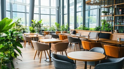Poster - A modern coffee shop with floor-to-ceiling windows, minimalist wooden furniture, and lush green plants.