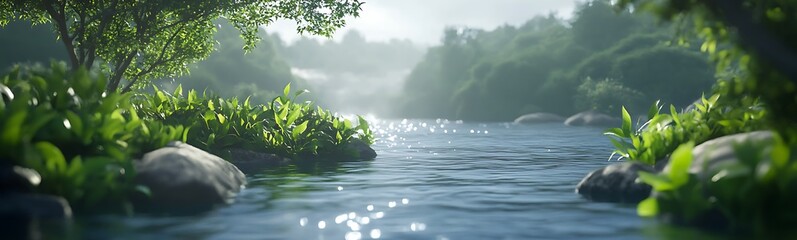 Poster - A serene river scene surrounded by lush greenery, with sunlight reflecting off the water, creating a peaceful and tranquil atmosphere.
