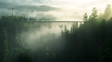 Poster - A stunning bridge stretches over misty forests, surrounded by towering trees and mountains, creating a serene and mystical atmosphere.