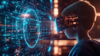 Poster - Young boy experiencing virtual reality in front of a large screen showcasing a vibrant and interactive digital interface glowing with advanced graphics