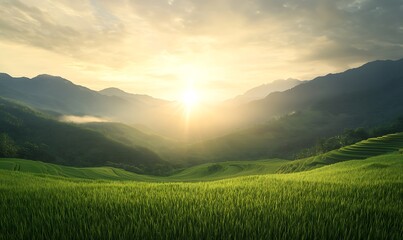 Aufkleber - A breathtaking landscape featuring lush green fields and rolling hills under a golden sunrise, creating a serene and peaceful atmosphere.