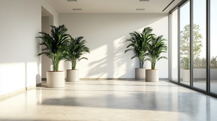 Poster - Sunlight Illuminates a Minimalist Interior with Large Potted Palm Plants Flanking a Doorway Against a White Wall and Polished Concrete Floor
