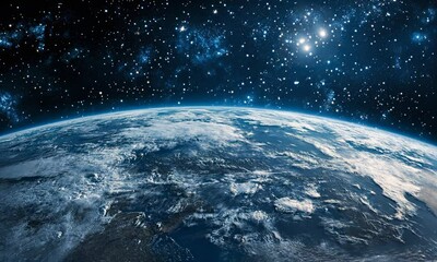 Wall Mural - a wide angle shot of the planet earth from outer space with starry skies, astronomy videography