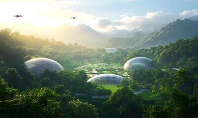Aufkleber - A serene landscape featuring futuristic domes nestled in lush greenery, surrounded by mountains and a bright, sunny sky.