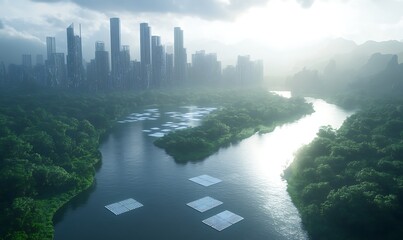 Aufkleber - A futuristic cityscape merges with lush greenery and water, showcasing harmony between urban development and nature.