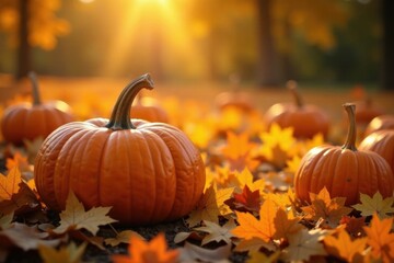 pumpkin patch with fall leaves and golden light, fall, outdoors, autumn