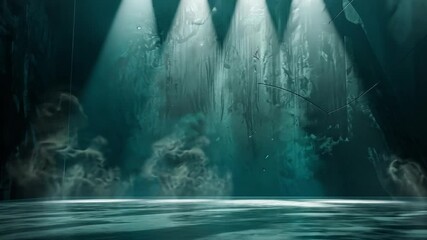 Poster - Serene and atmospheric scene with dimly lit space, illuminated by soft glowing lights on textured surfaces, creating calm ambiance filled with mystery and interplay of light and shadows.