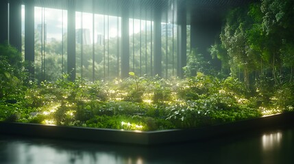 Leinwandbilder - A serene indoor garden with lush greenery and soft lighting, creating a tranquil atmosphere in a modern space.