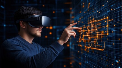 Poster - Young man in VR headset engaging with a complex holographic interface of bright orange lines resembling a futuristic circuit board technology visual