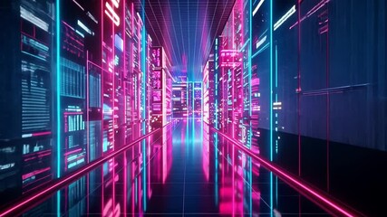 Poster - Futuristic corridor filled with vibrant neon lights and digital screens creates mesmerizing atmosphere, reflecting advanced technology and innovation in high tech environment.