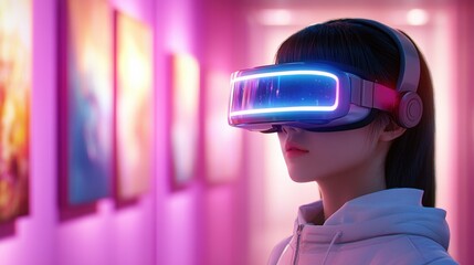 Poster - Young woman in futuristic virtual reality headset explo immersive art in dimly lit gallery illuminated by vibrant pink neon lights creating atmosphere