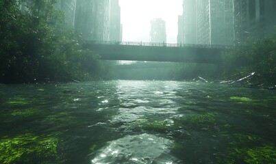 Aufkleber - A tranquil river flows through a city, surrounded by greenery and mist, creating an ethereal, serene atmosphere amidst urban structures.