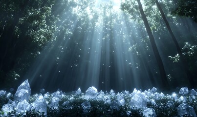 Poster - A mystical forest scene with sunlight filtering through trees, illuminating sparkling crystals scattered across the ground.
