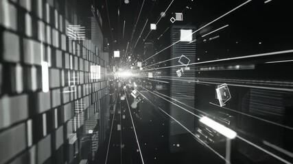 Poster - futuristic digital landscape abstract geometric shapes and lines creating depth and movement in mono